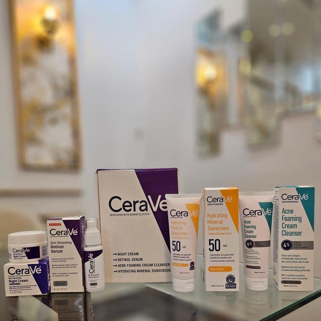 CeraVe 4-in-1 Skincare Bundle: Night Cream, Sunblock, Cleanser & Serum.